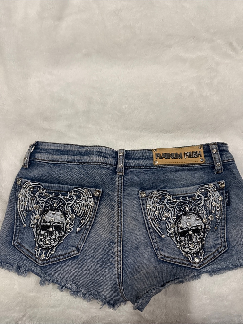 Platinum Plush Women's Blue Denim Jean Shorts with Embellished Skull Pockets